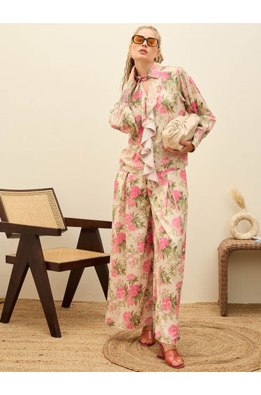 Beige Ruffled Floral Top and Wide Leg Pants Co-Ords