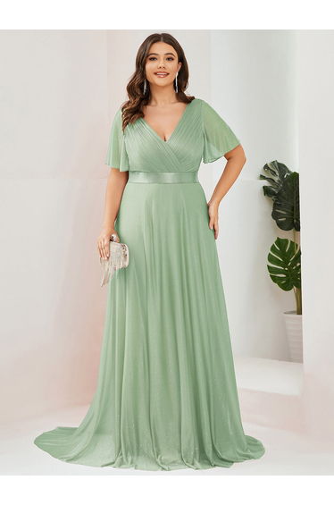 ever LIORÉ|Plus Size V Neck Ribbon Waist Formal Evening Dress With Sleeves