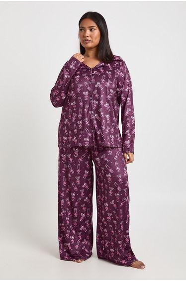 Plus Bows And Cocktails Print Long Sleeve Shirt & Trouser Pyjama Set - burgundy