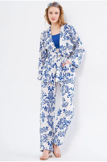 Women's Saks Dio Kimono Patterned Belted Pocket Detailed Linen Look