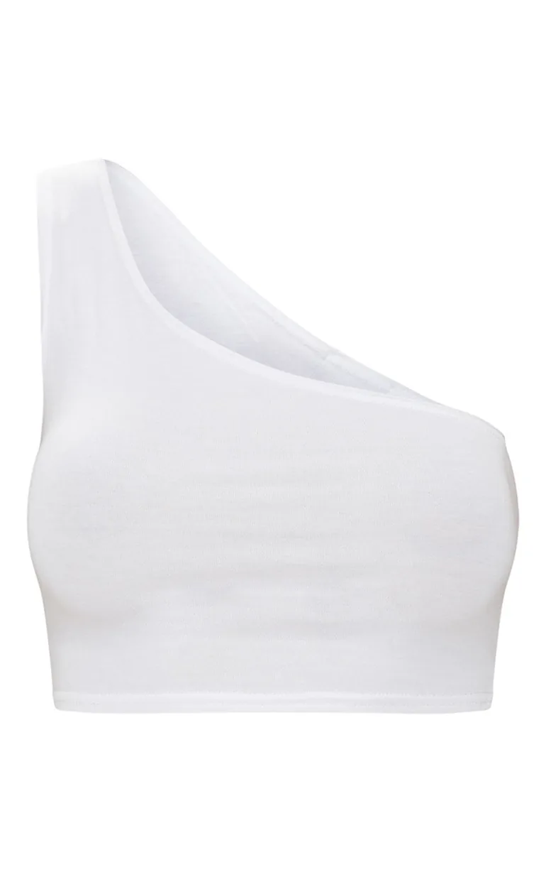 White Basic Jersey One Shoulder Crop Top - 4
