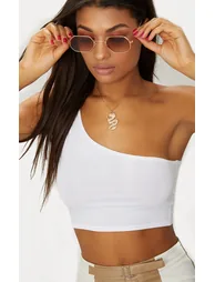 White Basic Jersey One Shoulder Crop Top - 3