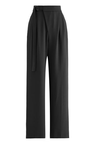 Belted Pleated Straight-Leg Pants in Black