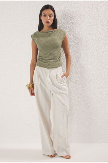 Khaki Textured Boat Neck Gathered Sleeveless Flexible Knitted Blouse
