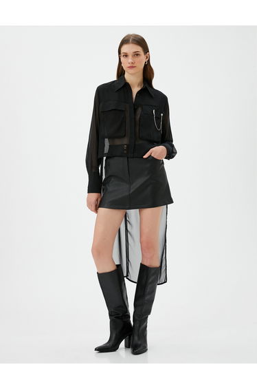 Accessory and Pocket Detail Sheer Asymmetric Cut Shirt