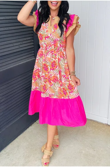 Lvness Rose Floral Print Color Block Ruffled Short Sleeve Flared Midi Dress