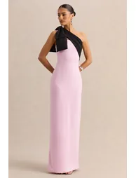 Adara | Pink & Black Asymmetric-Neck Maxi Dress With Bow-Detail - 4