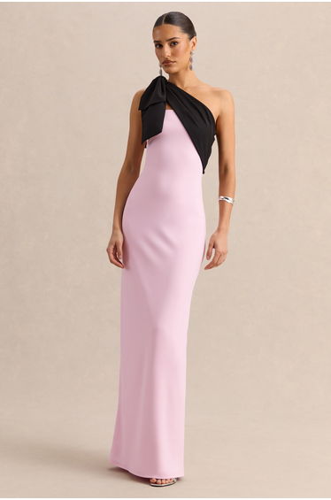 Adara | Pink & Black Asymmetric-Neck Maxi Dress With Bow-Detail