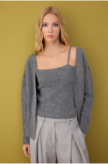 Anthracite Soft Texture 2-Piece Knitwear Blouse-Cardigan Set