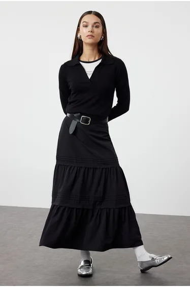 Black Long Woven Skirt with Cut-Out Skirt