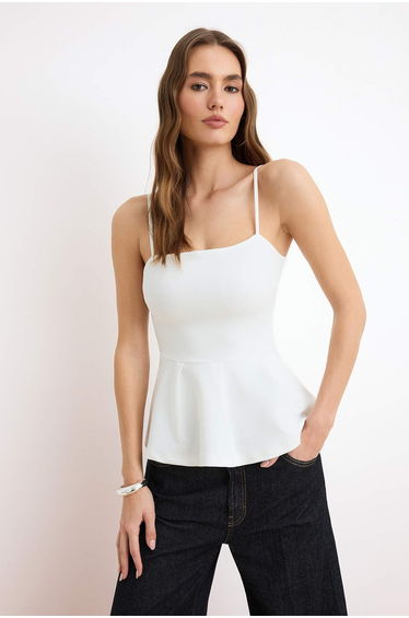 Ecru Peplum Sweetheart Neckline Thin Straps Sleeveless Scuba Crepe Knitted Blouse