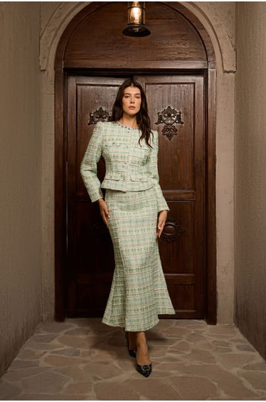 Power In Poise Mint Green Tweed Crystal Trim Top & Skirt Set