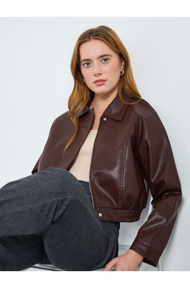 Women Brown Faux Leather Cropped Jacket