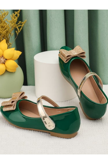 Girls Dark Green Embellished Bow Shoes