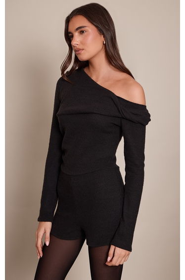 Black Ribbed Twist Detail Off The Shoulder Unitard