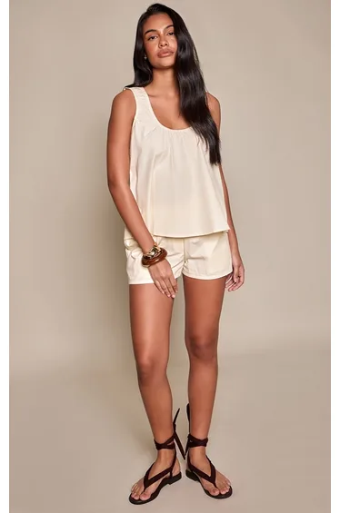 Ecru Cotton Ruched Scoop Neck Top