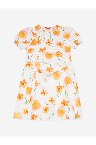 Girls Flower Print Poplin Dress in White