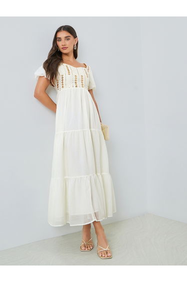 Women Beige Embroidered Puff Sleeves Tiered Maxi Dress
