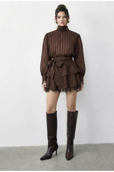 LUCCI Textured Mini Dress with Half Turtleneck and Lace Detail
