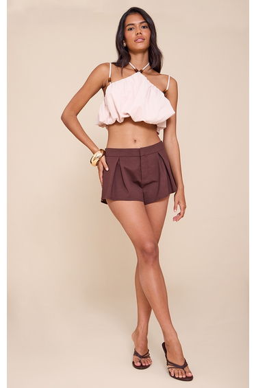 Cream Bead Detail Strappy Halterneck Puffball Crop Top