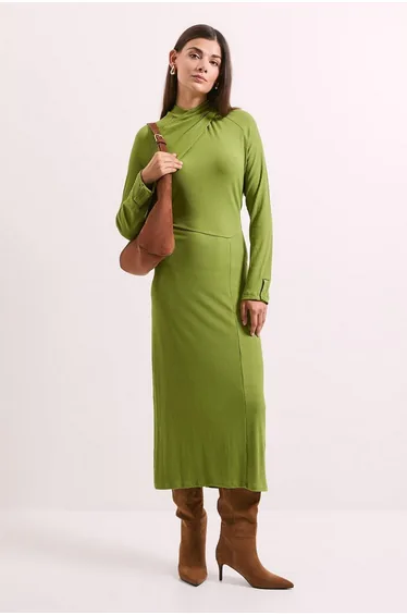 Green Twist Detail Ribbed Jersey Midi Dress