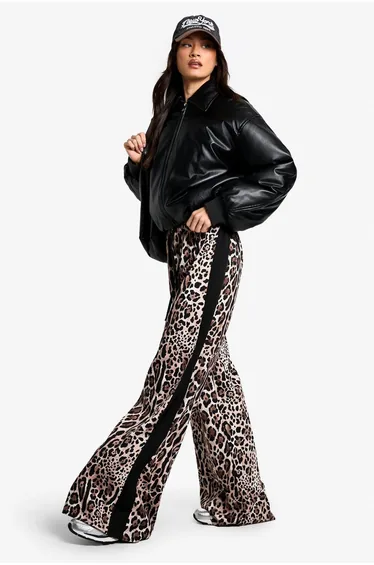 Tall Side Stripe Leopard Drawstring Wide Leg Trousers - leopard