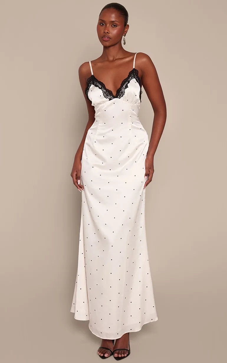 فستان ساتان بصدر دانتيل بطبعة منقطة - أبيض