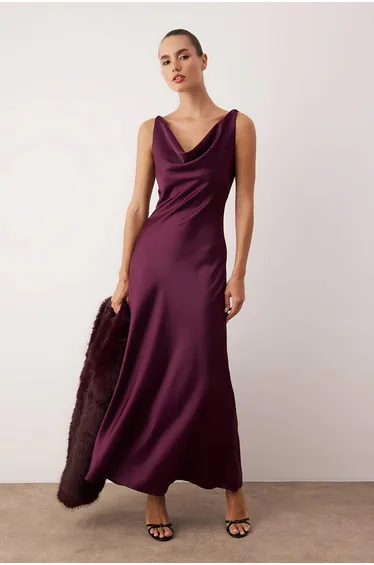 Purple a-cut degaje neck satin maxi chic dress