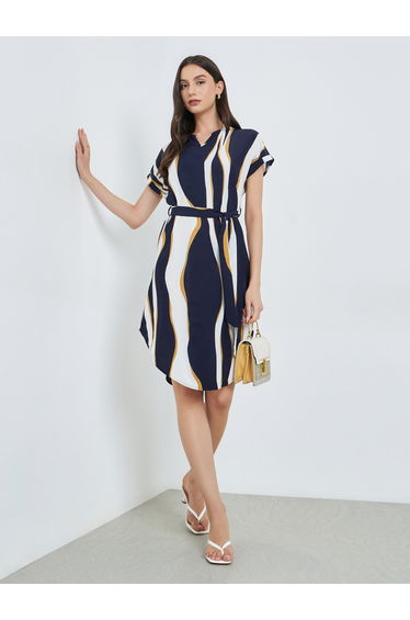 Multi Striped Knee-Length Dress with Tie-Belt