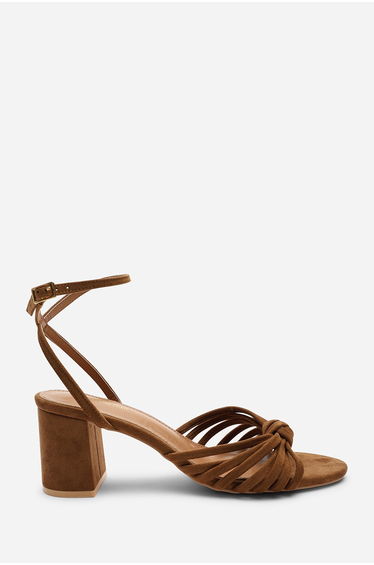 Blossy Knotted Block Heel Sandal With Ankle Strap in Cognac Suede