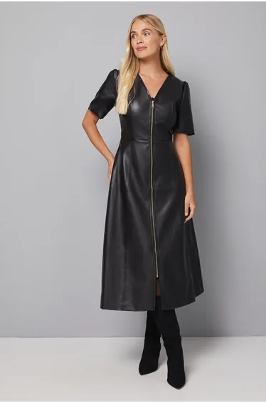 Petite Faux Leather Zip Midi Dress