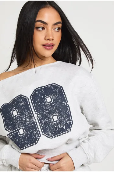 98 Print Off Shoulder Striaght Leg Tracksuit - ash grey