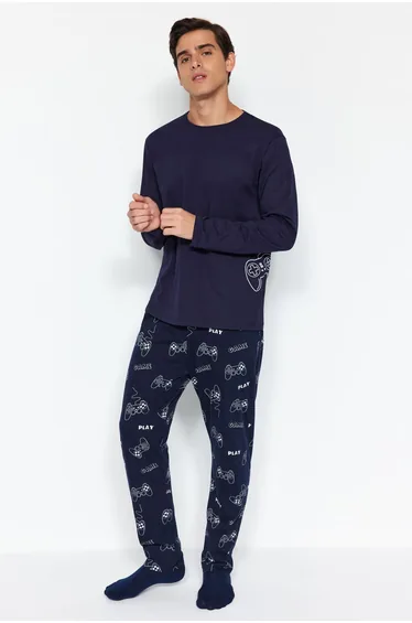 Men's Navy Regular Fit Printed Knitted Pajamas Set