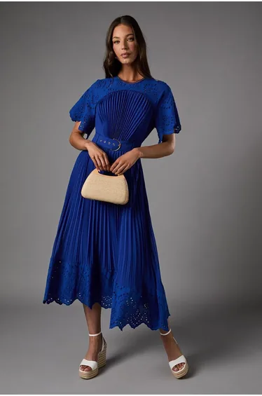Short Sleeve Pleated Chiffon Dress With Broderie Trim