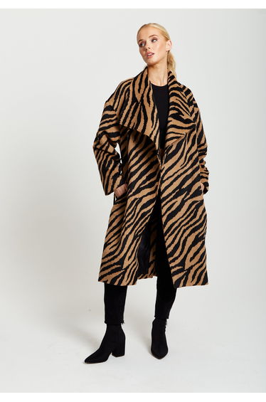 Women's Longline Zebra Print Coat in Brown & Black