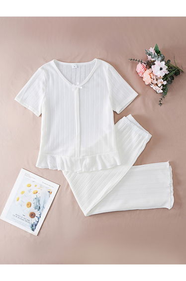 Ruffled Hem Textured Top and Pyjama Set