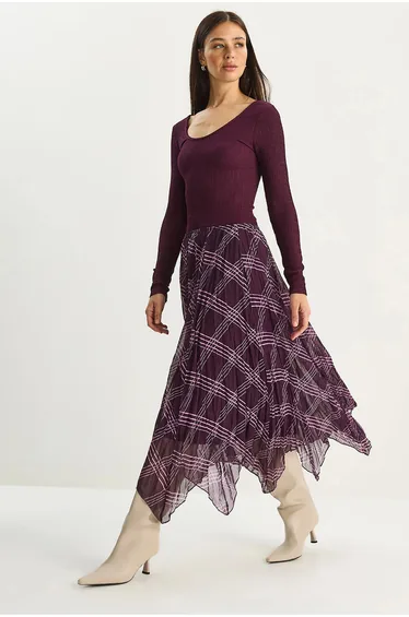 LUCCI Lined Checkered Midi Skirt