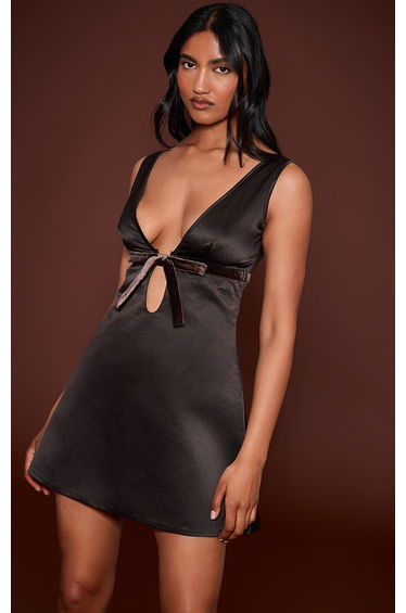 Chocolate Satin Bow Detail A-line Dress