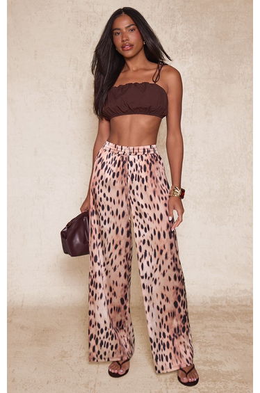 Brown Cheetah Print Satin Drawstring Trousers