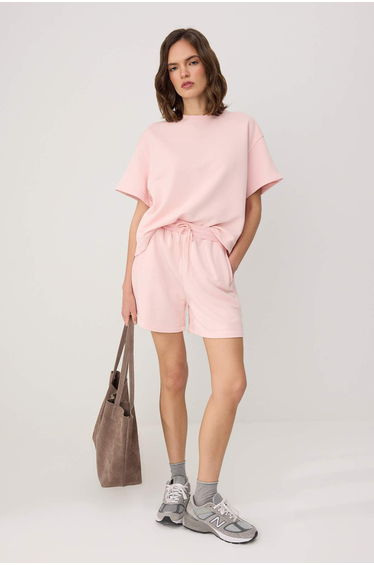Pink Oversize Low Arm Short Sleeve 2 Thread Combed Cotton Knitted Bottom-Top Set