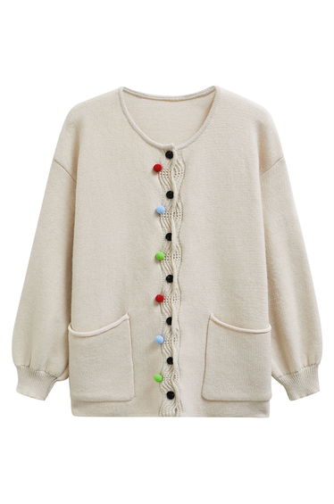 Colorful Pom-Pom Wavy Buttoned Patch Pocket Knit Cardigan in Oatmeal