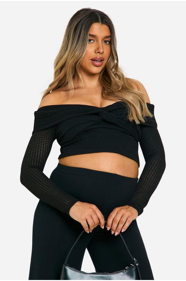 Maternity Textured Twist Detail Bardot Long Sleeve Top - black