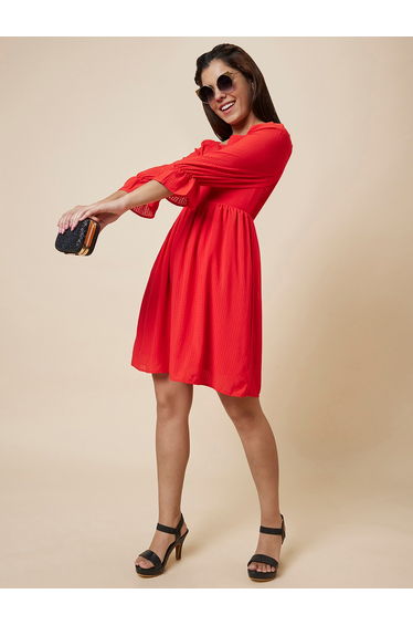 Women Red Solid Smocked Back A-Line Knee-Length Dress