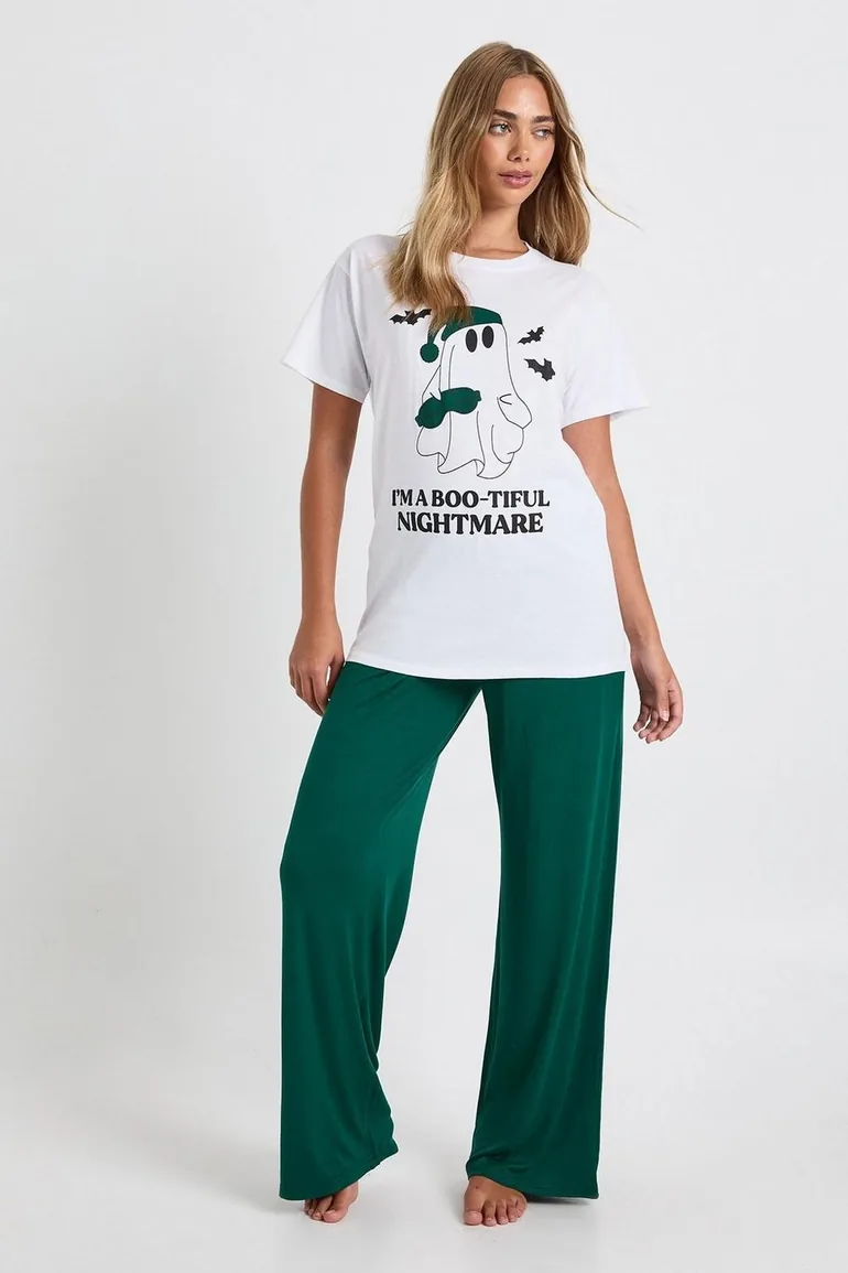 Halloween 'Boo-tiful Nightmare' Graphic Oversized T-Shirt & Trousers Pyjama Set - emerald