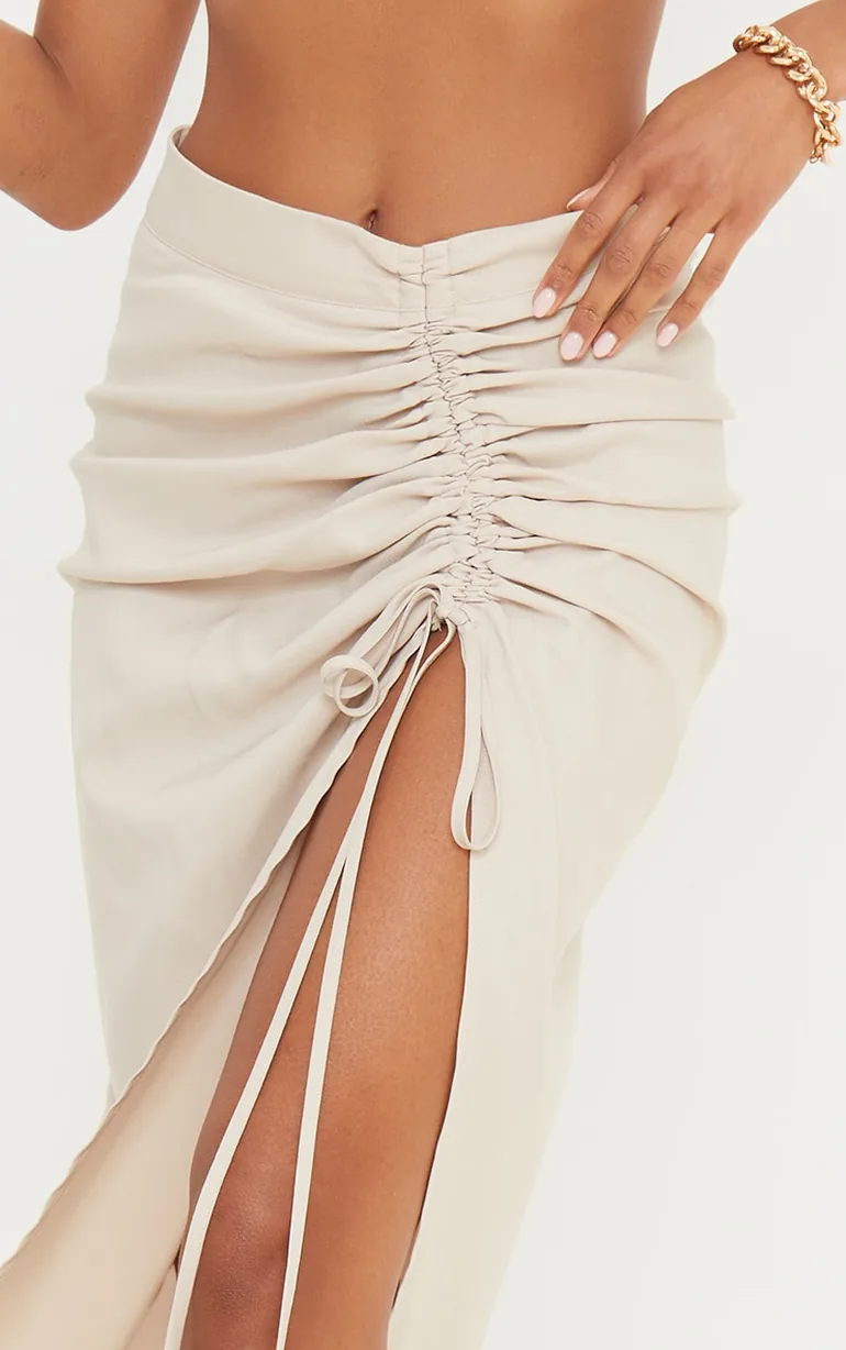 Champagne Woven Ruched Detail Midi Skirt - 2