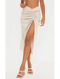 Champagne Woven Ruched Detail Midi Skirt