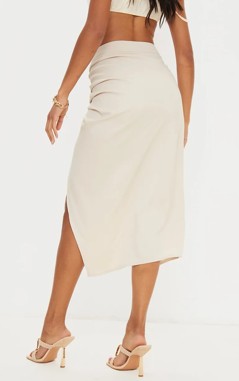 Champagne Woven Ruched Detail Midi Skirt - 1