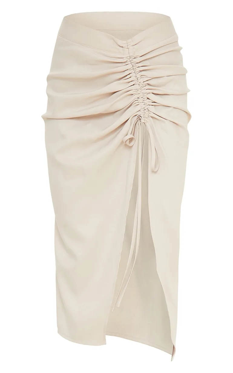 Champagne Woven Ruched Detail Midi Skirt - 3
