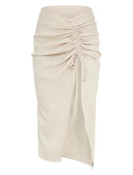 Champagne Woven Ruched Detail Midi Skirt - 3