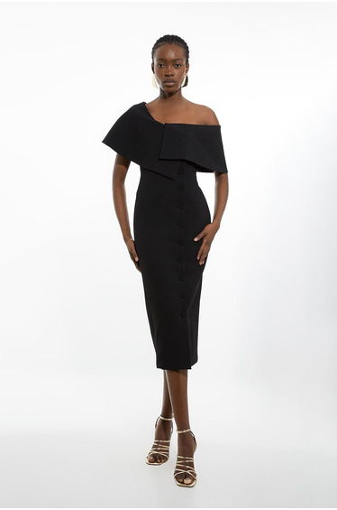Petite Compact Stretch Off Shoulder Button Through Tailored Midaxi Pencil Dress